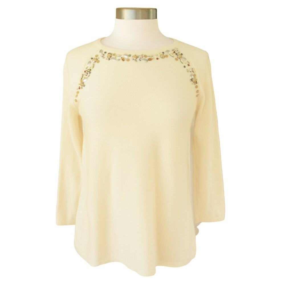 Garnet Hill 100% Cashmere Sweater Ivory Embellished Neckline 3/4 Sleeve